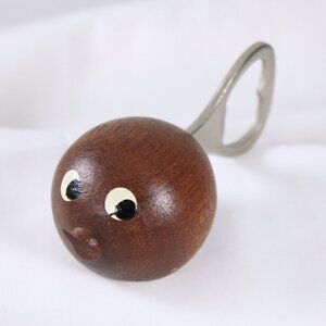 Danish modern fish Teak bottle opener, small round mid century modern bar wares
